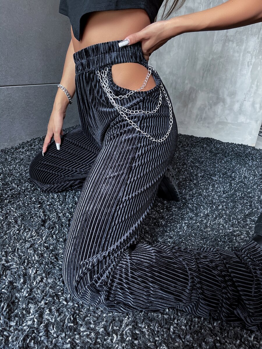 Gothic High Waist Cut Out Chain Detail Velvet Wide Leg Trousers - Black - View 1