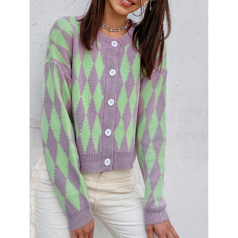 

Drop Shoulder Argyle Pattern Cardigan, Multicolor