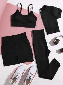 Yoga Basic Raglan Sleeve Sports 2 Top & 2 Leggings Set - Black - View 1