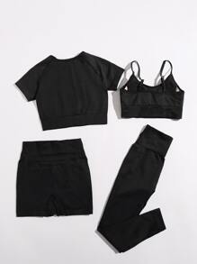 Yoga Basic Raglan Sleeve Sports 2 Top & 2 Leggings Set - Black - View 2