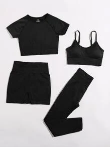 Yoga Basic Raglan Sleeve Sports 2 Top & 2 Leggings Set - Black - View 3