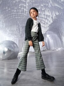 SHEIN 女孩格紋印花喇叭褲