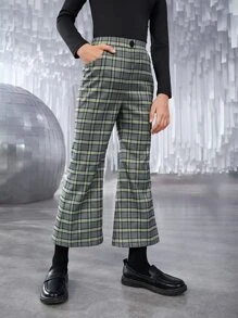 SHEIN 女孩格紋印花喇叭褲