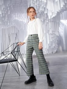 SHEIN 女孩格紋印花喇叭褲