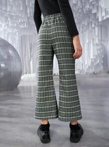 SHEIN 女孩格紋印花喇叭褲
