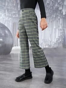 SHEIN 女孩格紋印花喇叭褲