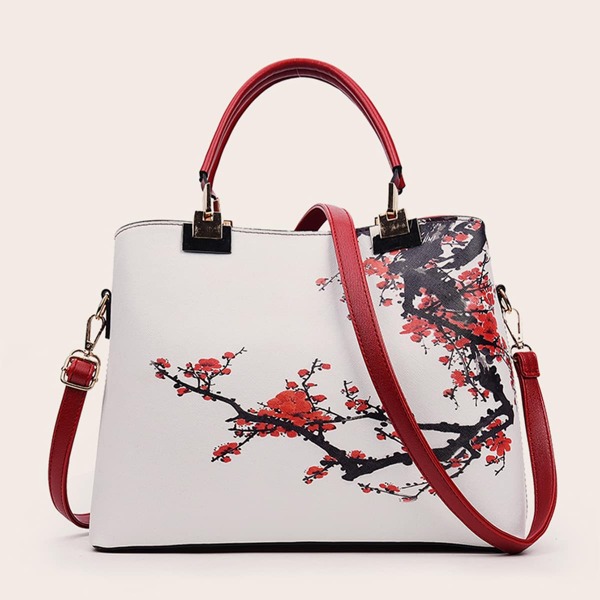 

Large Floral Top Handle Tote Bag, Red and white
