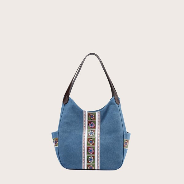 

Colorblock Geometric Graphic Canvas Shoulder Tote Bag, Blue