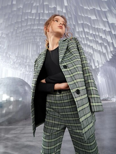 SHEIN Girls Plaid Print Lapel Neck Coat