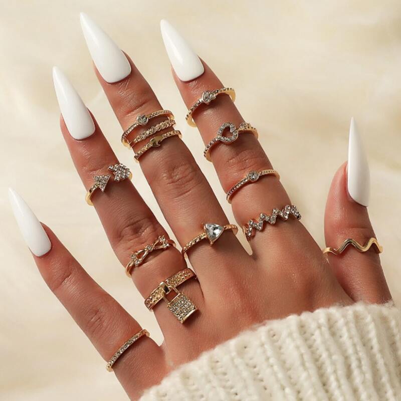 

13pcs Rhinestone Decor Ring, Gold