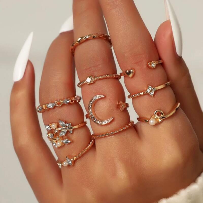 

10pcs Rhinestone Decor Ring, Gold