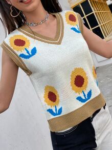 Floral Print Sweater Vest - Beige - View 1