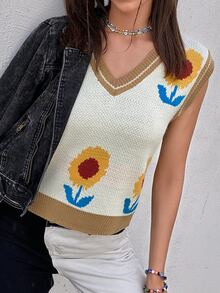 Floral Print Sweater Vest - Beige - View 7