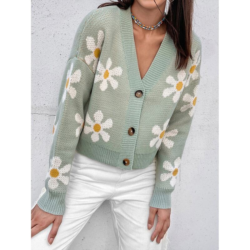 

Drop Shoulder Floral Pattern Cardigan, Mint green