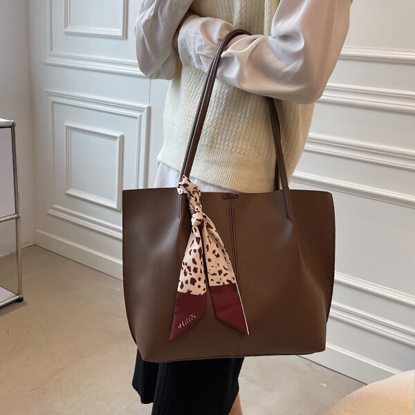 

Twilly Scarf Decor Tote Bag With Inner Pouch, Coffee brown