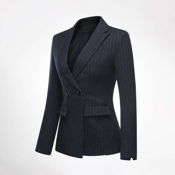 

Striped Lapel Collar Blazer & Tailored Pants Set, Black