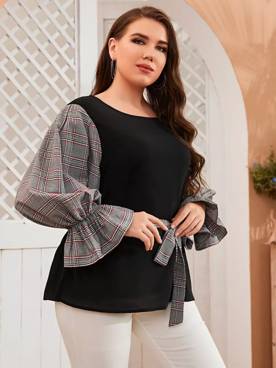 SHEIN LUNE Plus Plaid Print Flounce Sleeve Belted Top - Black - View 1