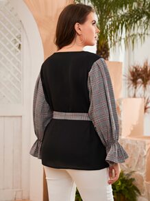 SHEIN LUNE Plus Plaid Print Flounce Sleeve Belted Top - Black - View 2
