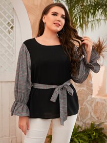 SHEIN LUNE Plus Plaid Print Flounce Sleeve Belted Top - Black - View 3