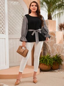 SHEIN LUNE Plus Plaid Print Flounce Sleeve Belted Top - Black - View 4