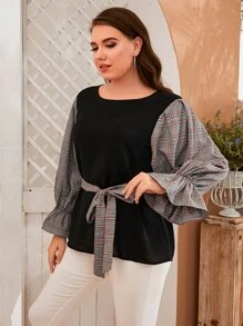 SHEIN LUNE Plus Plaid Print Flounce Sleeve Belted Top - Black - View 5