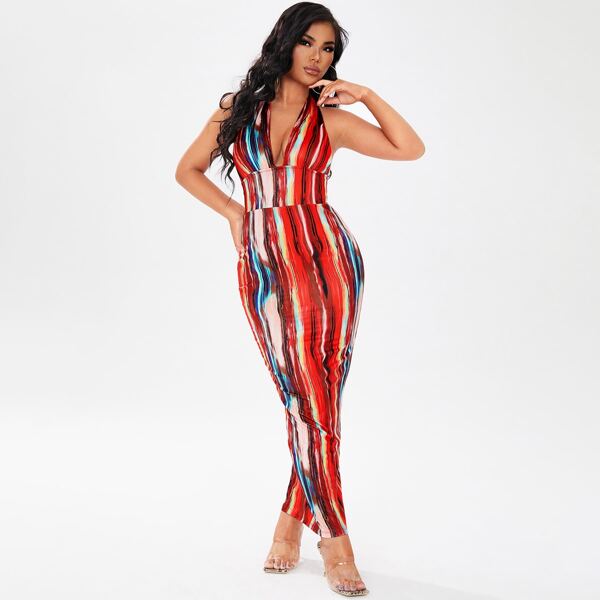 

Brush Print Tie Backless Halter Bodycon Dress, Multicolor