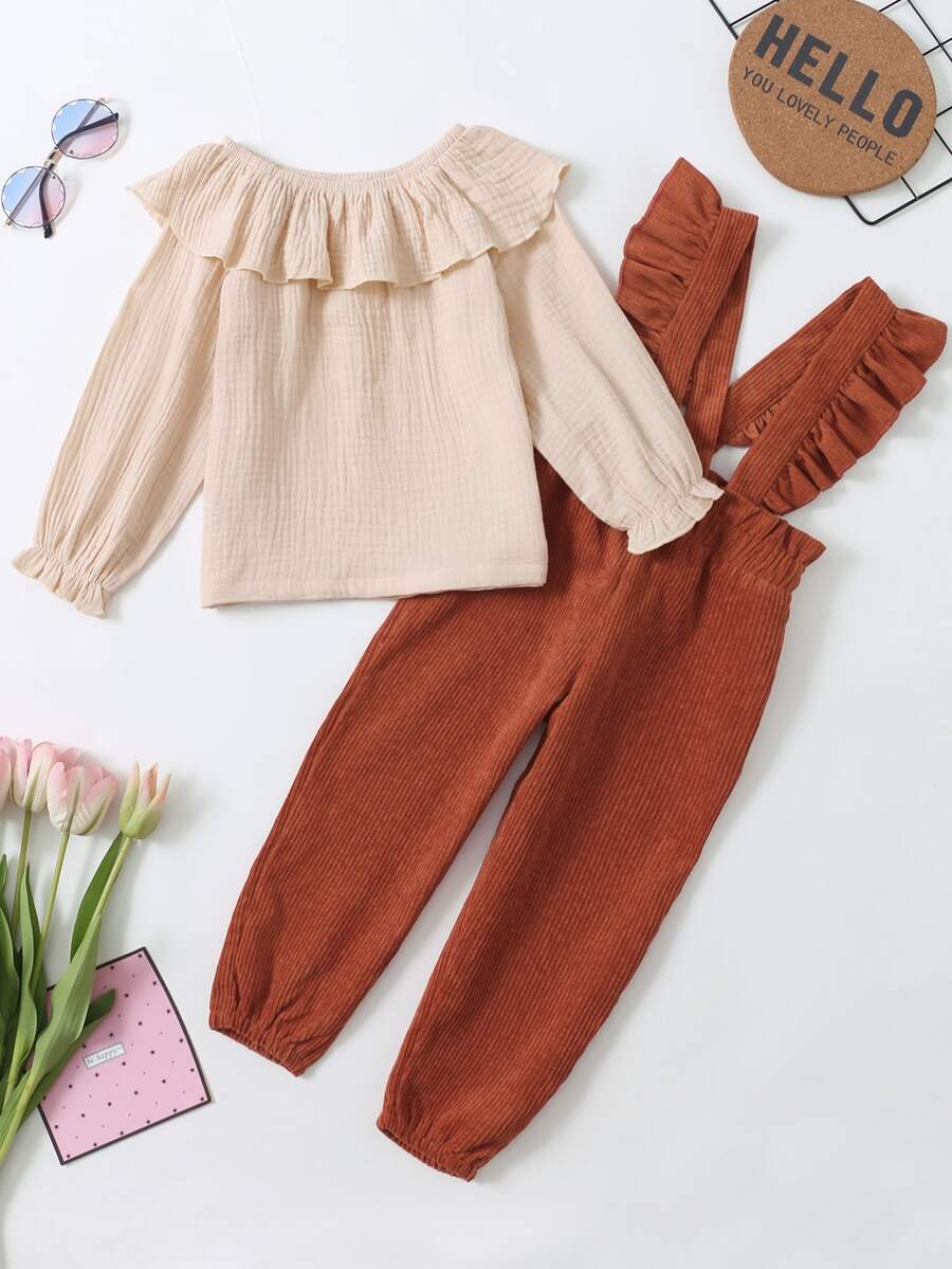 Toddler Girls Ruffle Trim Flounce Sleeve Top & Overall Jumpsuit - Multicolor - View 1