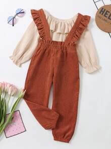 Toddler Girls Ruffle Trim Flounce Sleeve Top & Overall Jumpsuit - Multicolor - View 5