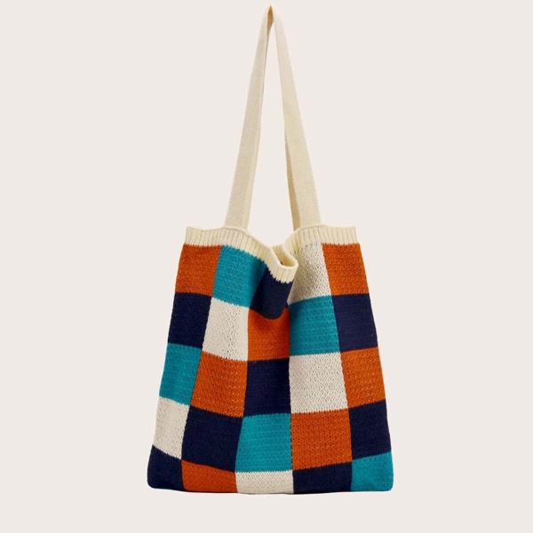 

Colorblock Knitting Design Shoulder Tote Bag, Multicolor