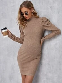 SHEIN Maternity Mock Neck Gigot Sleeve Bodycon Dress - Khaki - View 1