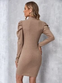 SHEIN Maternity Mock Neck Gigot Sleeve Bodycon Dress - Khaki - View 2