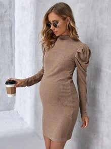 SHEIN Maternity Mock Neck Gigot Sleeve Bodycon Dress - Khaki - View 5