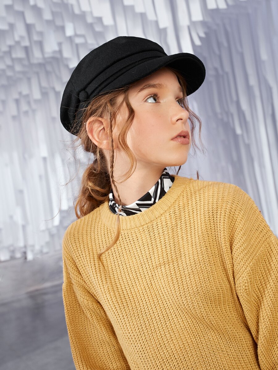 Girls Solid Baker Boy Hat - Black - View 1