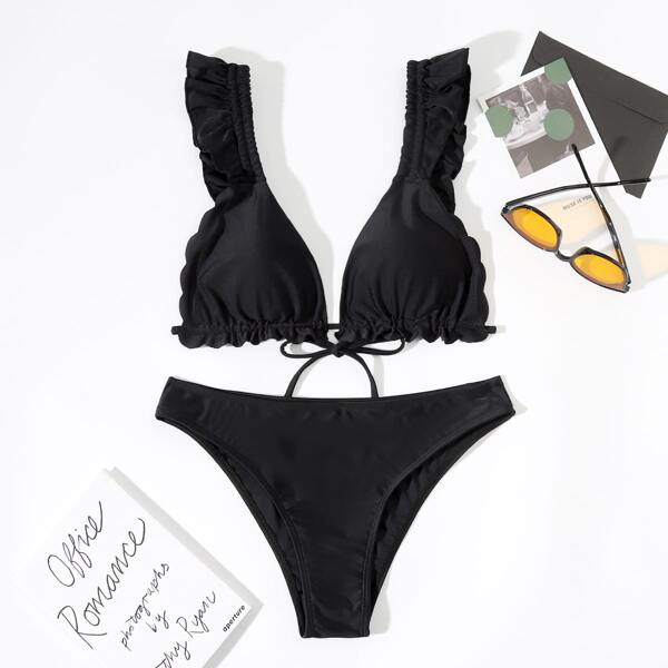

Solid Ruffle Trim Bikini Swimsuit, Black
