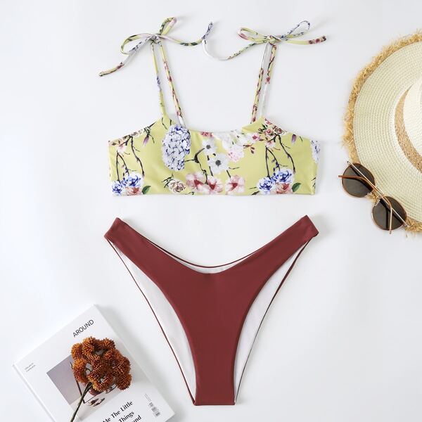 

Floral Print High Cut Bikini Swimsuit, Multicolor