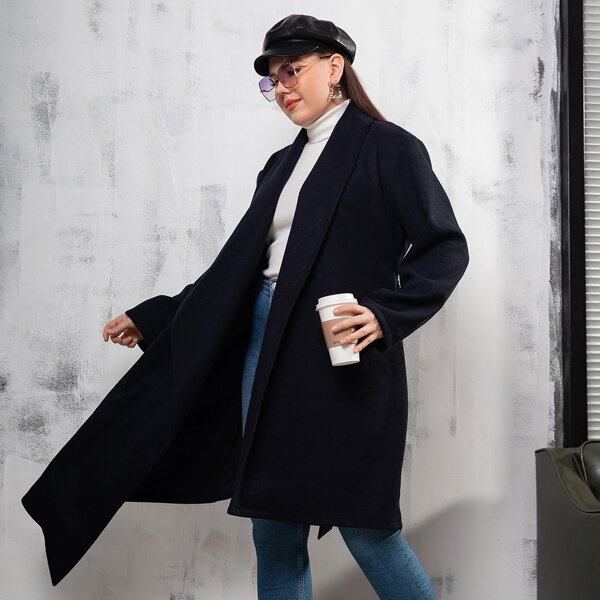 

Plus Waterfall Collar Asymmetrical Hem Overcoat, Navy blue
