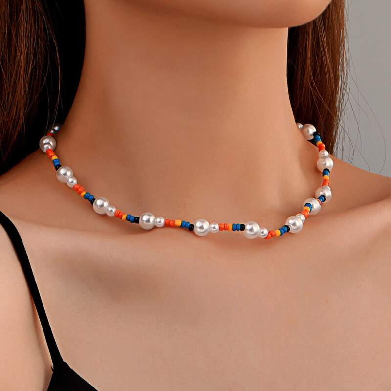 

Faux Pearl Decor Beaded Necklace, Multicolor