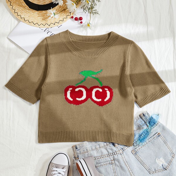 

Cherry Pattern Knit Top, Mocha brown