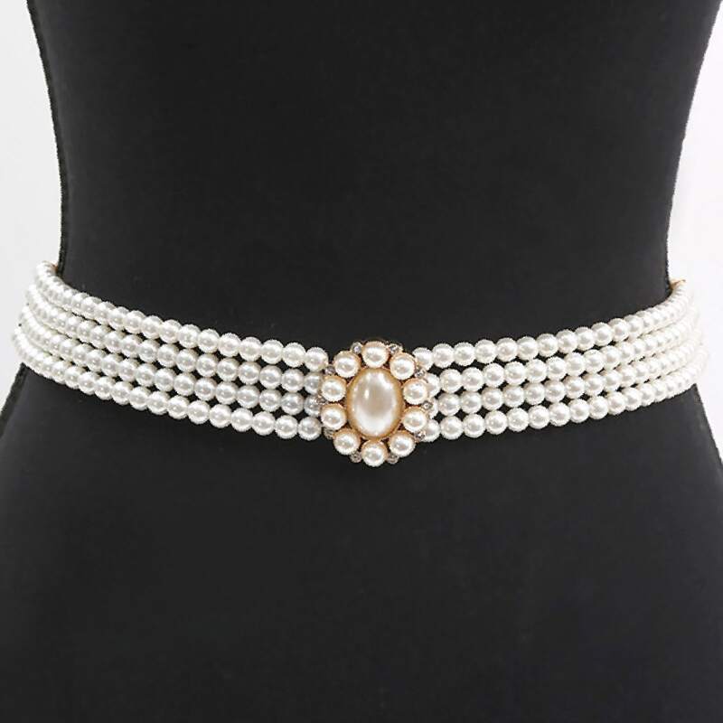

Faux Pearl Beaded Belt, White
