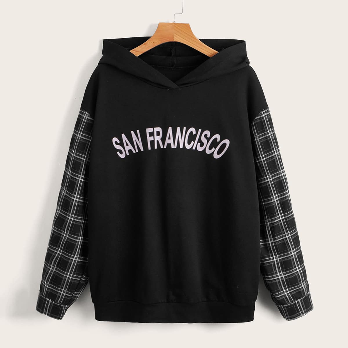 

Letter Print Contrast Plaid Hoodie, Black