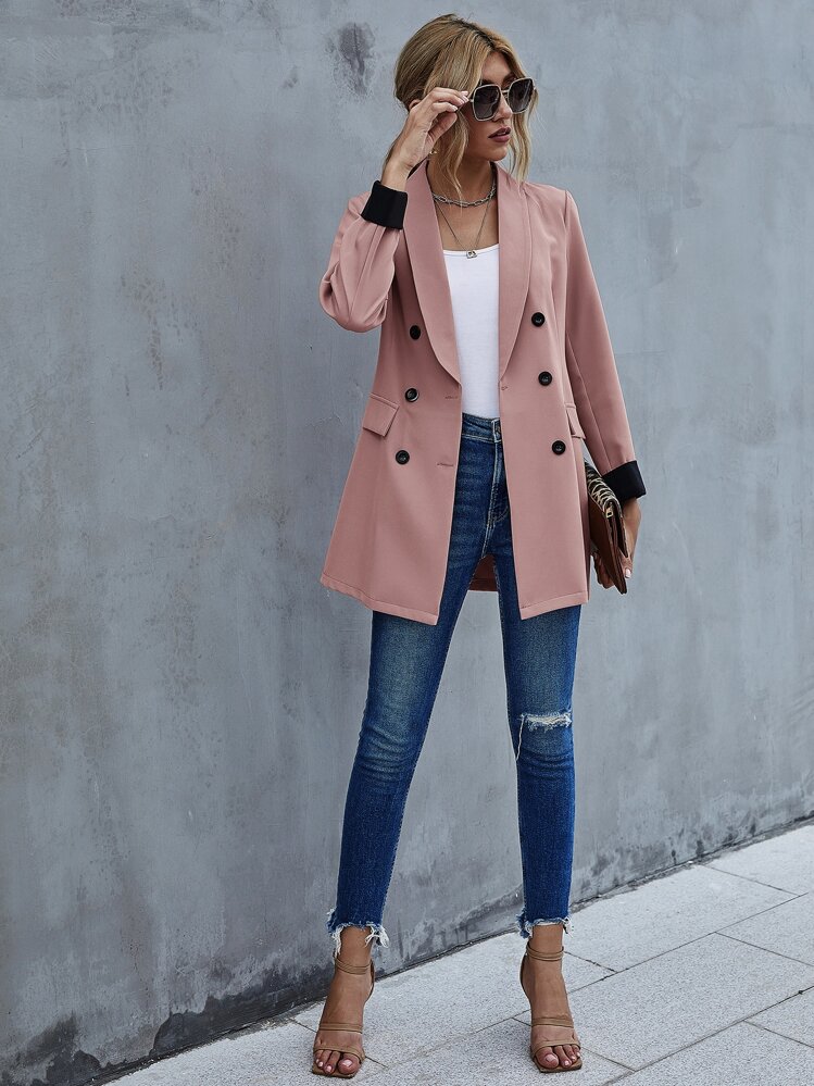 Shawl Collar Double Breasted Blazer - Dusty Pink - View 1