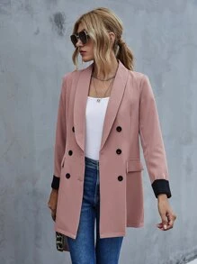 Shawl Collar Double Breasted Blazer - Dusty Pink - View 5