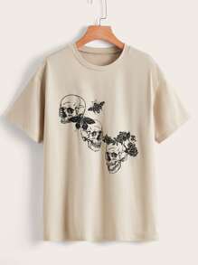 SHEIN EZwear Floral & Skull Print Tee - Khaki - View 1