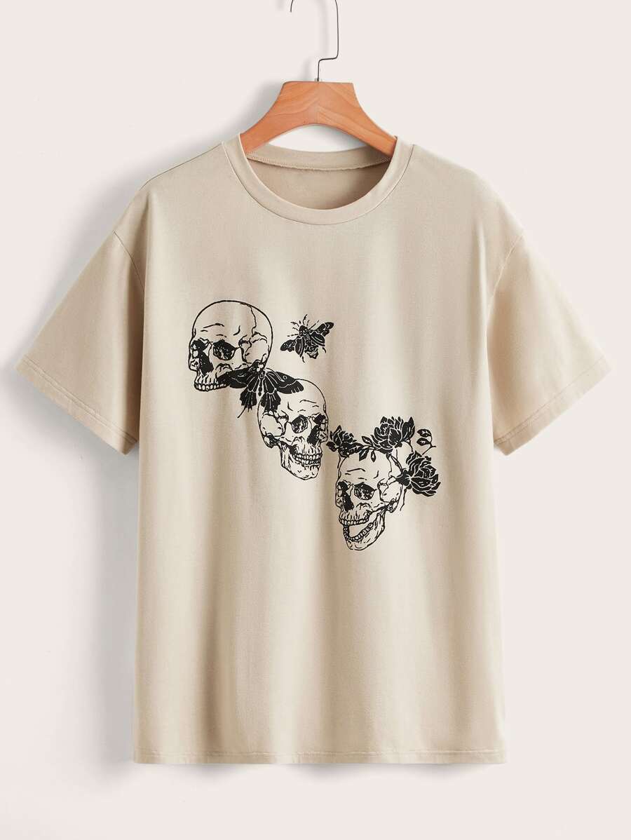 SHEIN EZwear Floral & Skull Print Tee - Khaki - View 1