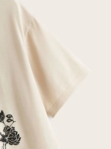 SHEIN EZwear Floral & Skull Print Tee - Khaki - View 3