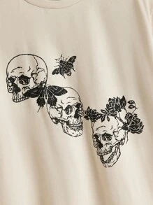 SHEIN EZwear Floral & Skull Print Tee - Khaki - View 4