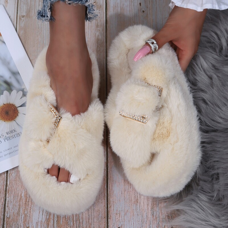 

Rhinestone Decor Fluffy Slippers, Beige