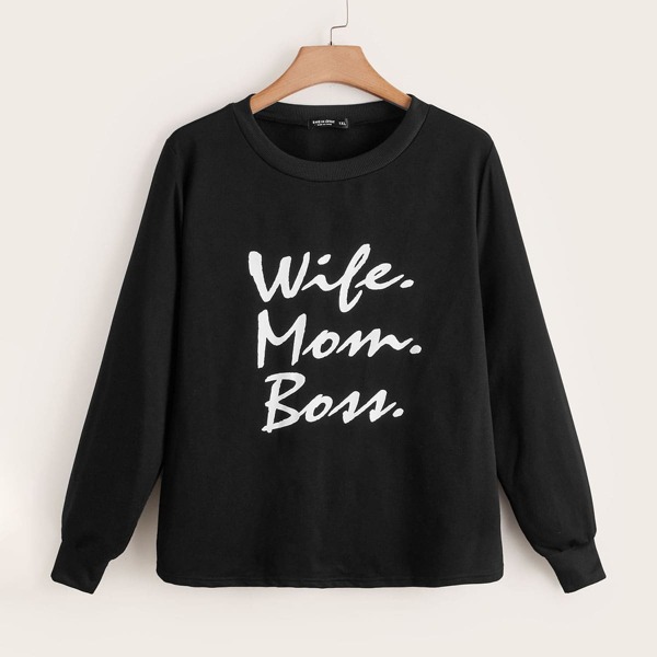 

Plus Letter Graphic Round Neck Pullover, Black