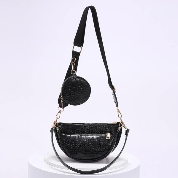 

Croc Embossed Baguette Bag With Coin Case, Black