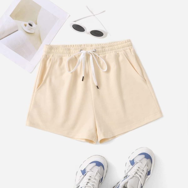 

Drawstring Waist Track Shorts, Beige